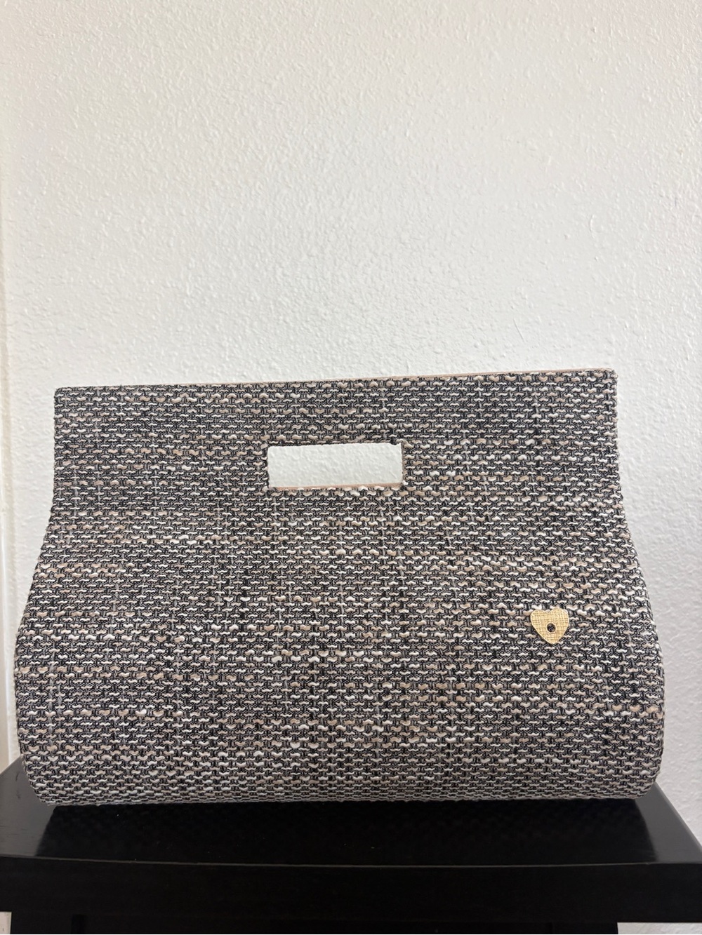 Woven Straw Effect Tote Bag in Neutral Black and Cream